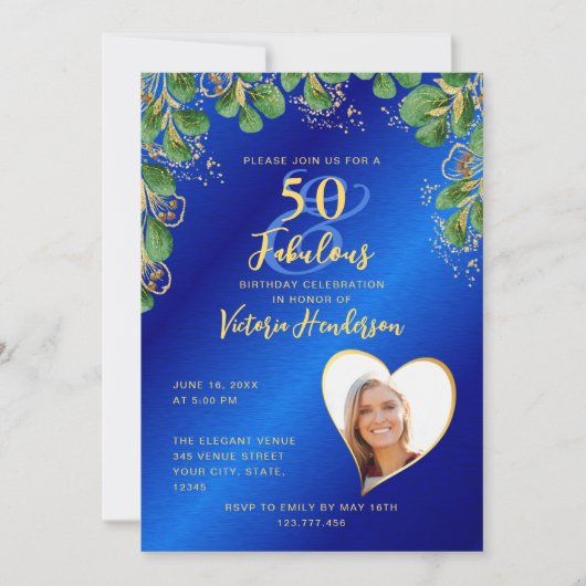 Invitation Royal Blue & Gold 50 & Fabulous Greenery Birthday (Devant)