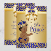 Invitation Royal Blue & Gold African American Prince Crown (Devant / Derrière)