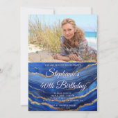 Invitation Royal Blue Gold Agate Élégante photo 40e anniversa (Devant)