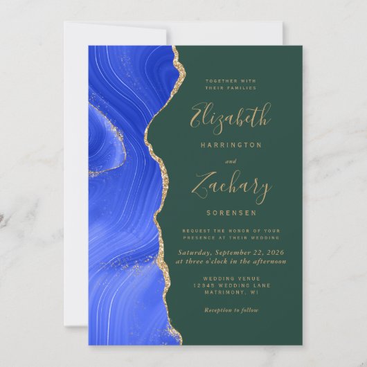 Invitation Royal Blue Gold Agate Emerald QR Code Mariage (Devant)