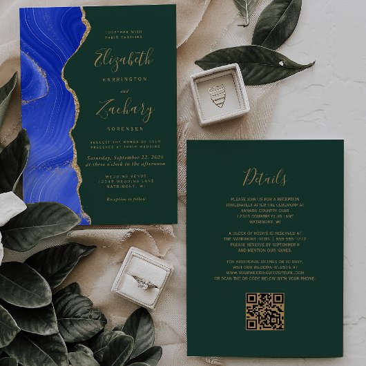 Invitation Royal Blue Gold Agate Emerald QR Code Mariage