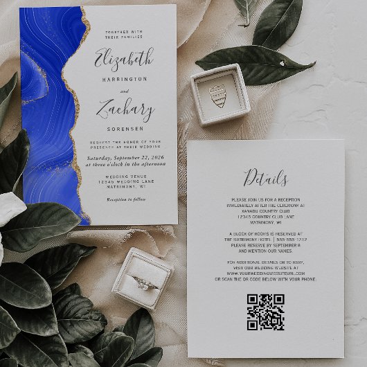 Invitation Royal Blue Gold Agate QR Code Mariage