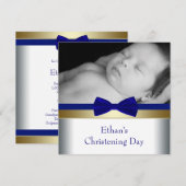 Invitation Royal Blue Gold Baby Boy Photo Christening (Devant / Derrière)