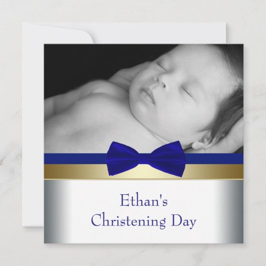 Invitation Royal Blue Gold Baby Boy Photo Christening (Devant)