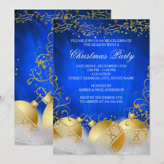 Invitation Royal Blue Gold Bauble White Christmas Party (Devant / Derrière)