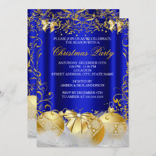 Invitation Royal Blue Gold Bow Bauble White Christmas Party