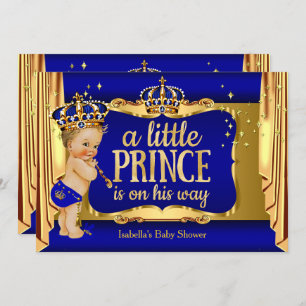 Invitation Royal Blue Gold Boy Prince Baby shower Blonde