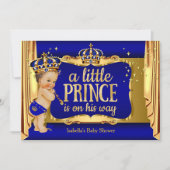 Invitation Royal Blue Gold Boy Prince Baby shower Brunette (Devant)