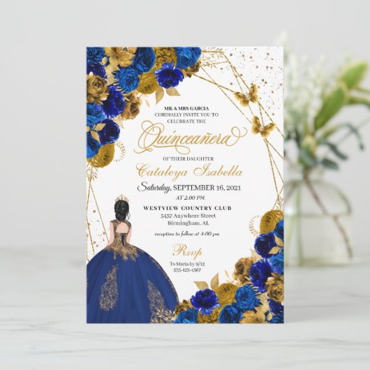 Invitation Royal Blue Gold Butterfly Princess Quinceanera (Debout devant)