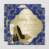 Invitation Royal Blue Gold Champagne fête d'anniversaire (Devant / Derrière)