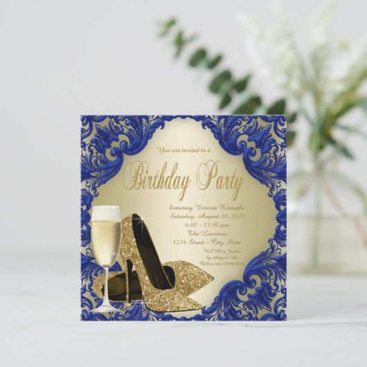 Invitation Royal Blue Gold Champagne fête d'anniversaire (Debout devant)