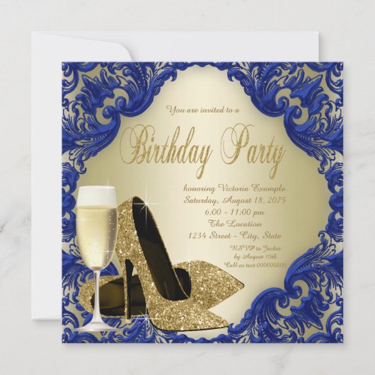 Invitation Royal Blue Gold Champagne fête d'anniversaire (Devant)