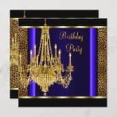 Invitation Royal Blue Gold Chandelier Leopard fête d'annivers (Devant / Derrière)