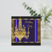 Invitation Royal Blue Gold Chandelier Leopard fête d'annivers (Debout devant)