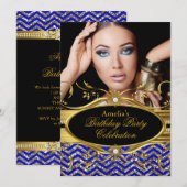 Invitation Royal Blue & gold Chevron Diamond Photo Anniversai (Devant / Derrière)