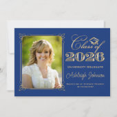 Invitation Royal Blue, Gold Class of 2026 Photo Graduation (Devant)