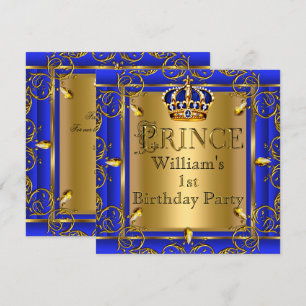 Invitation Royal Blue Gold Couronne Prince 1er Anniversaire G