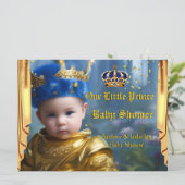 Invitation Royal Blue Gold Crown Drapes Prince Baby shower (Debout devant)