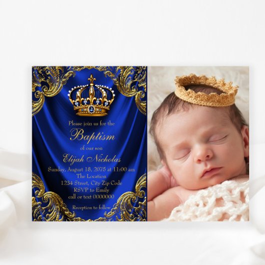 Invitation Royal Blue Gold Crown Petit Prince Baptême