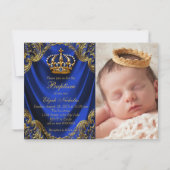 Invitation Royal Blue Gold Crown Petit Prince Baptême (Devant)