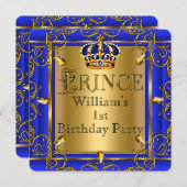 Invitation Royal Blue Gold Crown Prince 1er Anniversaire Garç (Devant / Derrière)