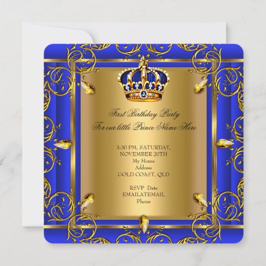 Invitation Royal Blue Gold Crown Prince 1er Anniversaire Garç (Dos)