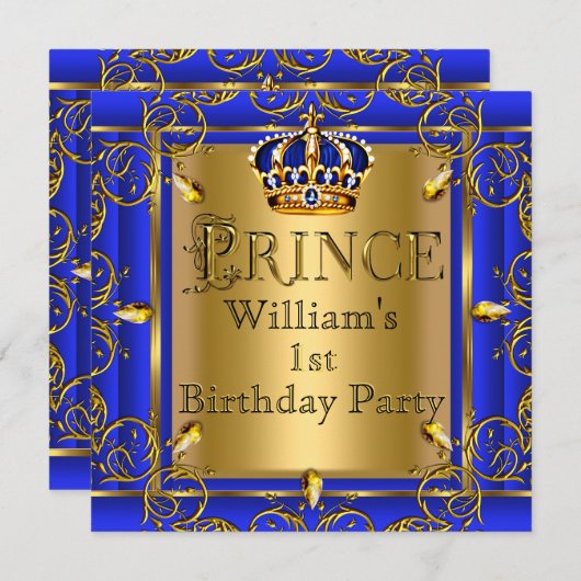 Invitation Royal Blue Gold Crown Prince 1er Anniversaire Garç (Devant / Derrière)