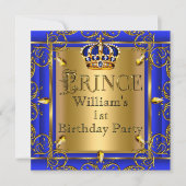Invitation Royal Blue Gold Crown Prince 1er Anniversaire Garç (Devant)