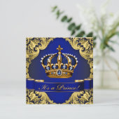 Invitation Royal Blue Gold Crown Prince Baby shower garçon (Debout devant)