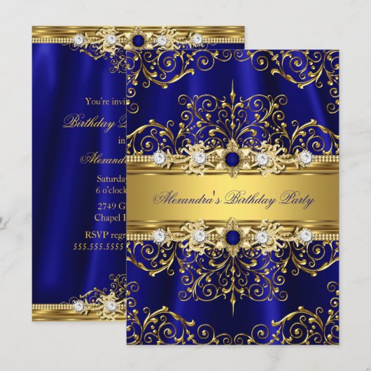 Invitation Royal Blue & Gold Damask Élégante fête d'anniversa (Devant / Derrière)