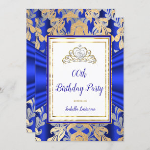 Invitation ROYAL Blue Gold Damask gris Tiara fête d'anniversa