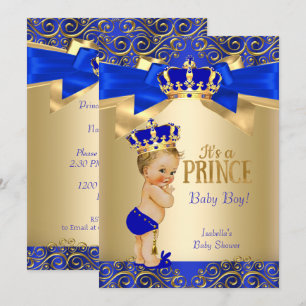 Invitation Royal Blue Gold Damask Prince Baby shower Blonde