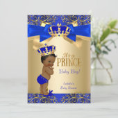 Invitation Royal Blue Gold Damask Prince Baby shower Ethnic (Debout devant)