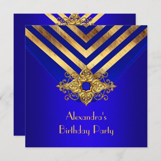 Invitation Royal Blue Gold Deco Stripe Anniversaire (Devant / Derrière)
