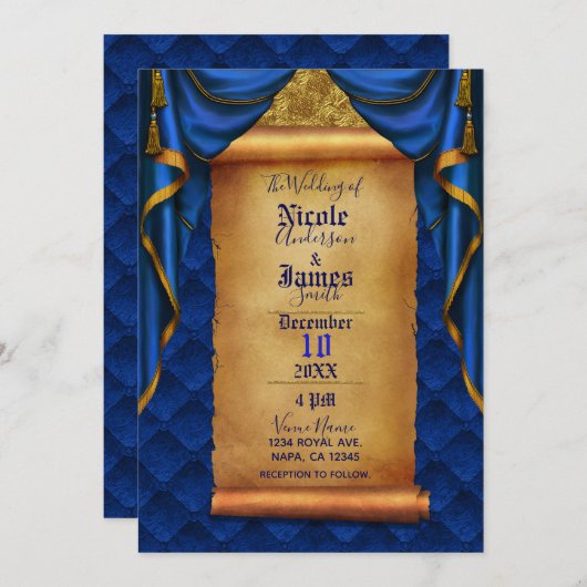 Invitation Royal Blue & Gold Drapes Scroll Mariage (Devant / Derrière)
