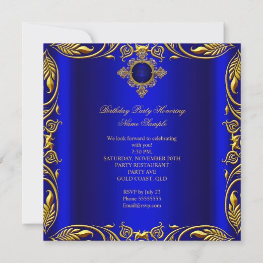 Invitation Royal Blue Gold Elegant Elite fête d'anniversaire (Dos)