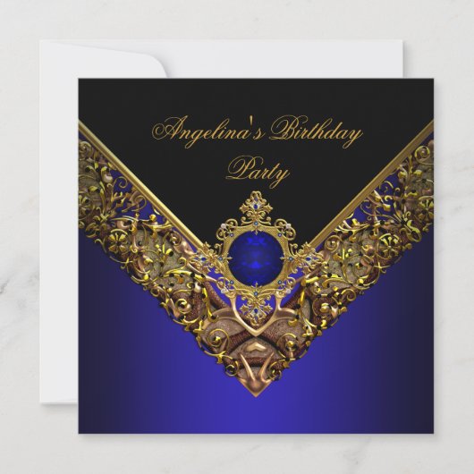 Invitation Royal Blue Gold Élégante fête d'anniversaire (Devant)