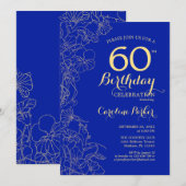 Invitation Royal Blue Gold Floral 60e anniversaire (Devant / Derrière)