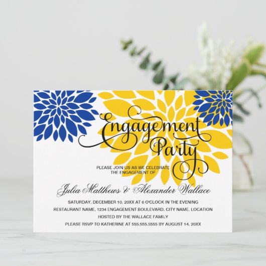 Invitation Royal Blue Gold Floral Burst Engagement Party (Debout devant)
