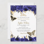 Invitation Royal Blue Gold Floral Butterfly Quinceañera (Devant)