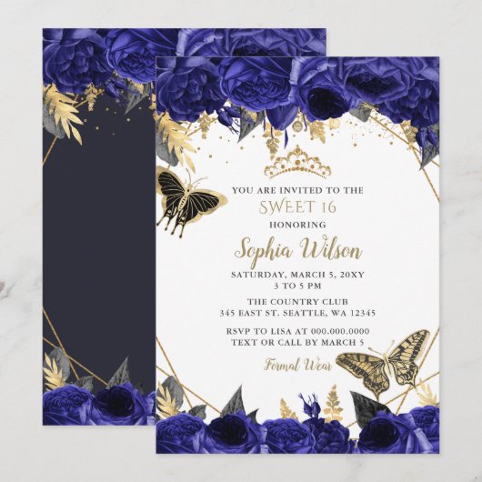 Invitation Royal Blue Gold Floral Butterfly Sweet 16 (Devant / Derrière)