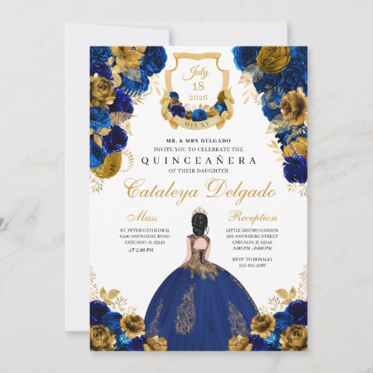 Invitation Royal Blue & Gold Floral Elegant Quinceañera (Devant)