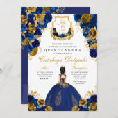 Invitation Royal Blue & Gold Floral Elegant Quinceañera (Devant / Derrière)