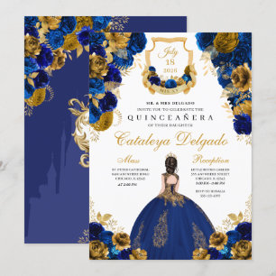 Invitation Royal Blue & Gold Floral Elegant Quinceañera