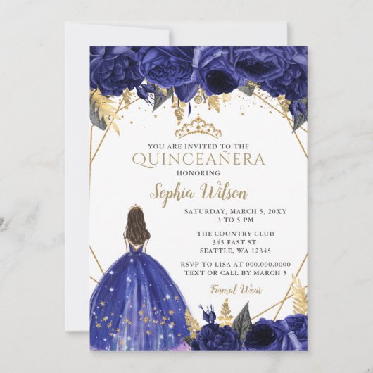 Invitation Royal Blue Gold Floral Princess Quinceañera Invita (Devant)
