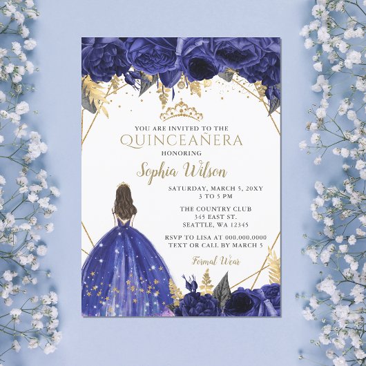 Invitation Royal Blue Gold Floral Princess Quinceañera Invita