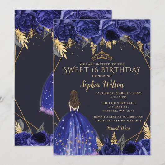 Invitation Royal Blue Gold Floral Princess Sweet 16 (Devant / Derrière)