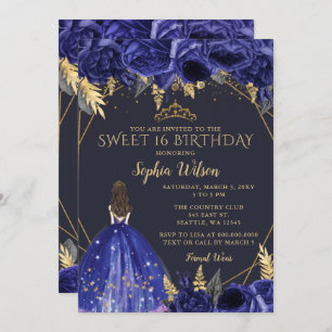 Invitation Royal Blue Gold Floral Princess Sweet 16