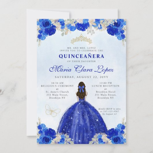 Invitation Royal Blue Gold Floral Princesse Quinceañera (Devant)