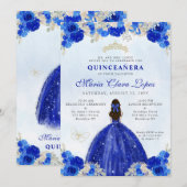 Invitation Royal Blue Gold Floral Princesse Quinceañera (Devant / Derrière)